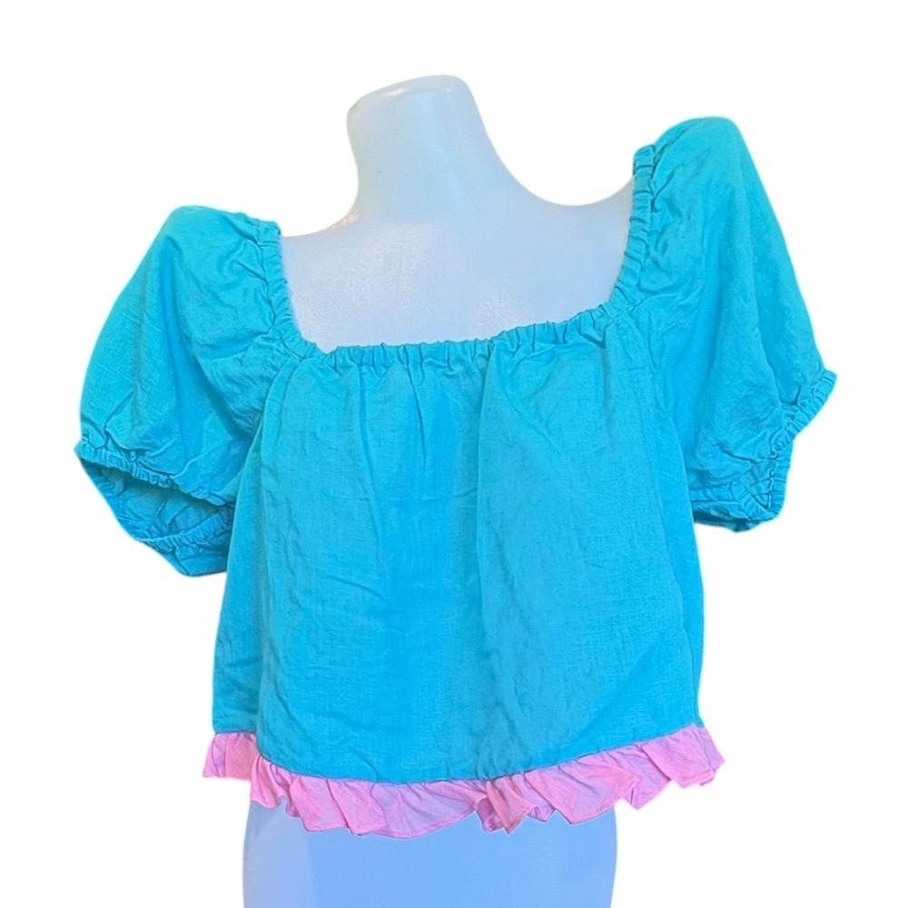 Dora Larsen Turquoise Boho Puff Sleeve Ruffle Top Coquette Sz 10